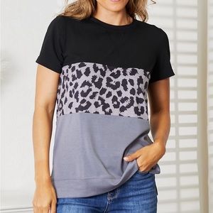 NEW Double Take Leopard Print Color Blocked Short Sleeve T-Shirt Top